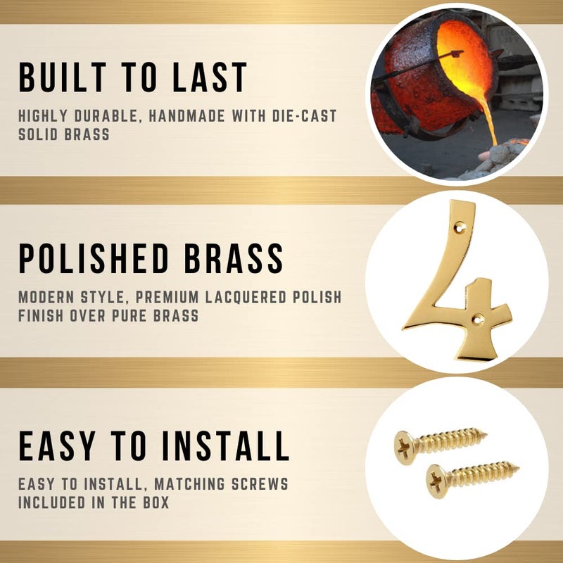 A10SHOP Motif 4-Inch Solid Brass Lacquered Polished Mailbox Numbers House Numbers For Outside House Numbers Address Sign For Door, House Signs for Outside (Number 4) - Image 3